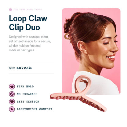 Gimme Beauty Loop Claw Clip Duo - Gentle Hold for All Hair Types - Non-Slip Daily Styling Clips for Fine & Short Hair - Black & Tan (2 Pack)