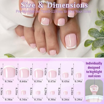 Lifextol 216-Piece Press-On Toenails for Women – French Tip Fake Toe Nails with Sticky Tabs, 12 Sizes Acrylic Toe Nail Tips Kit White Avelisse
