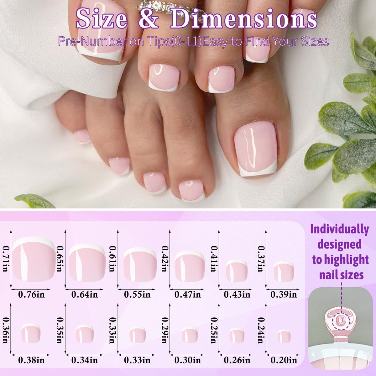 Lifextol 216-Piece Press-On Toenails for Women – French Tip Fake Toe Nails with Sticky Tabs, 12 Sizes Acrylic Toe Nail Tips Kit White Avelisse