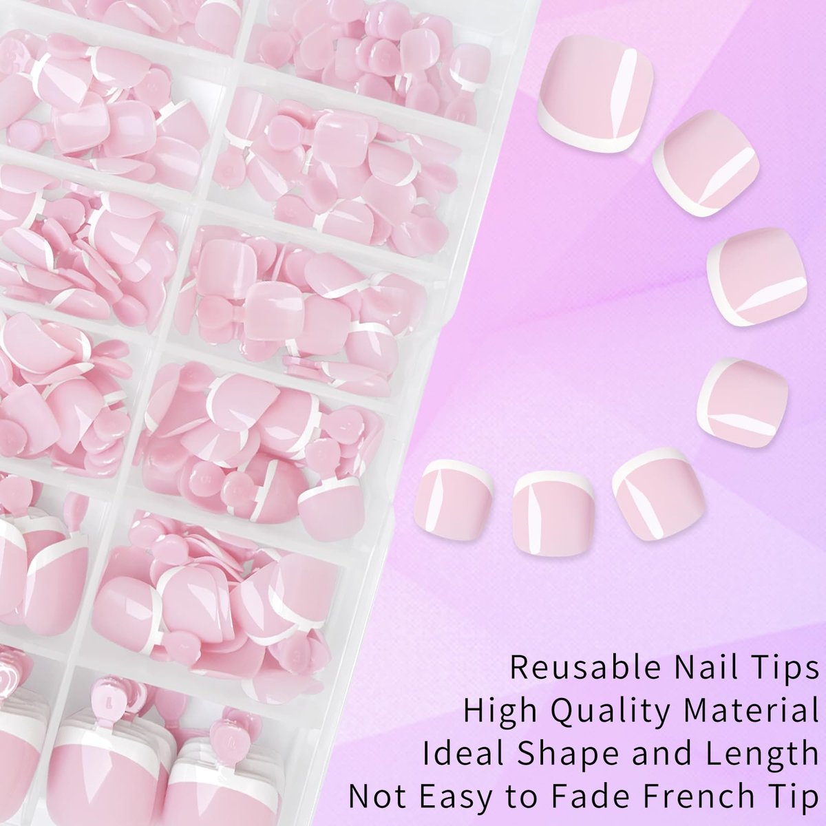 Lifextol 216-Piece Press-On Toenails for Women – French Tip Fake Toe Nails with Sticky Tabs, 12 Sizes Acrylic Toe Nail Tips Kit White Avelisse