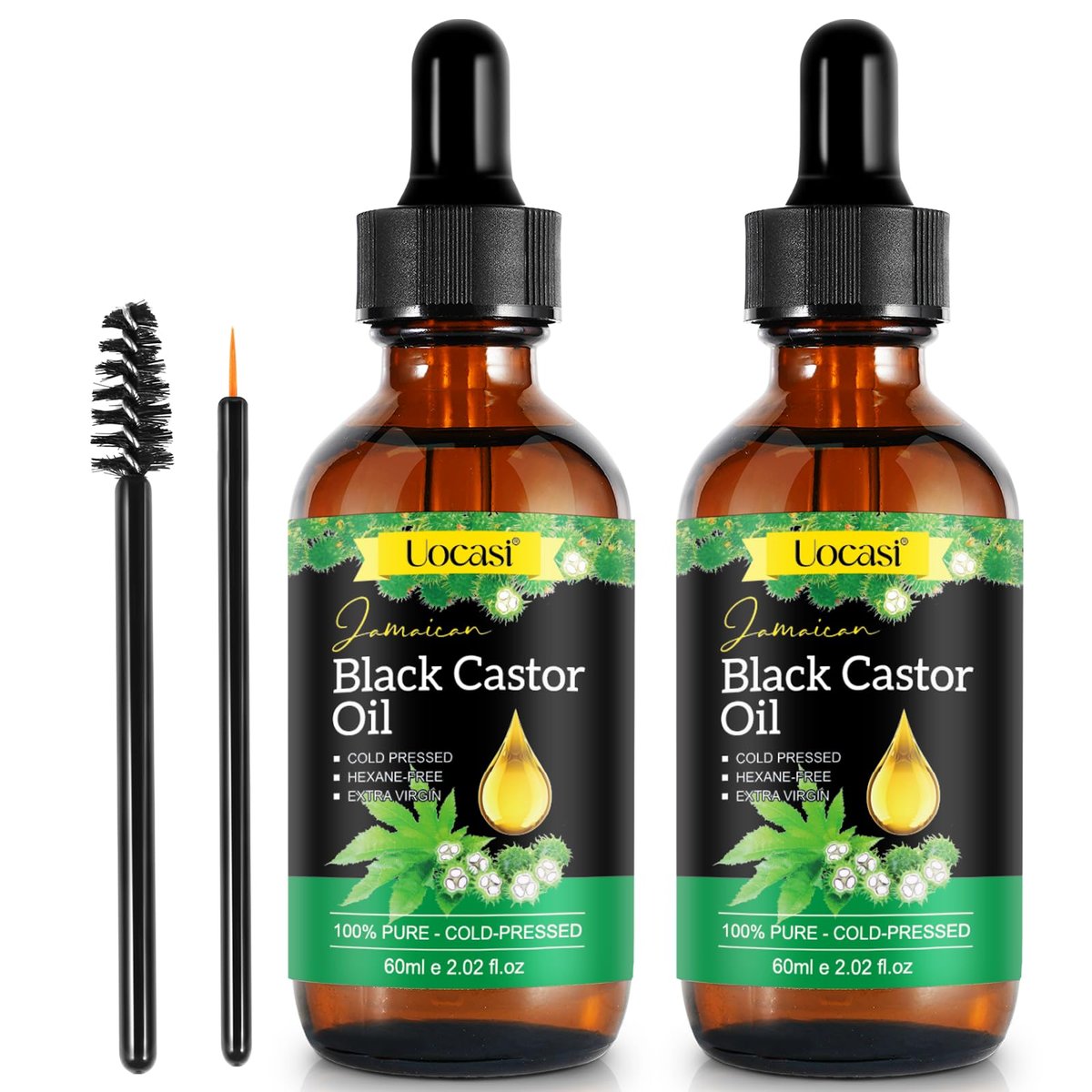 Uocasi Jamaican Black Castor Oil - 2-Pack, 100% Pure & Organic, Cold Pressed in Glass Bottles for Hair Growth, Eyebrow Nourishment, and Skin Hydration, 4.04 Oz Avelisse