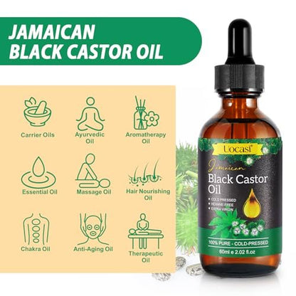 Uocasi Jamaican Black Castor Oil - 2-Pack, 100% Pure & Organic, Cold Pressed in Glass Bottles for Hair Growth, Eyebrow Nourishment, and Skin Hydration, 4.04 Oz Avelisse