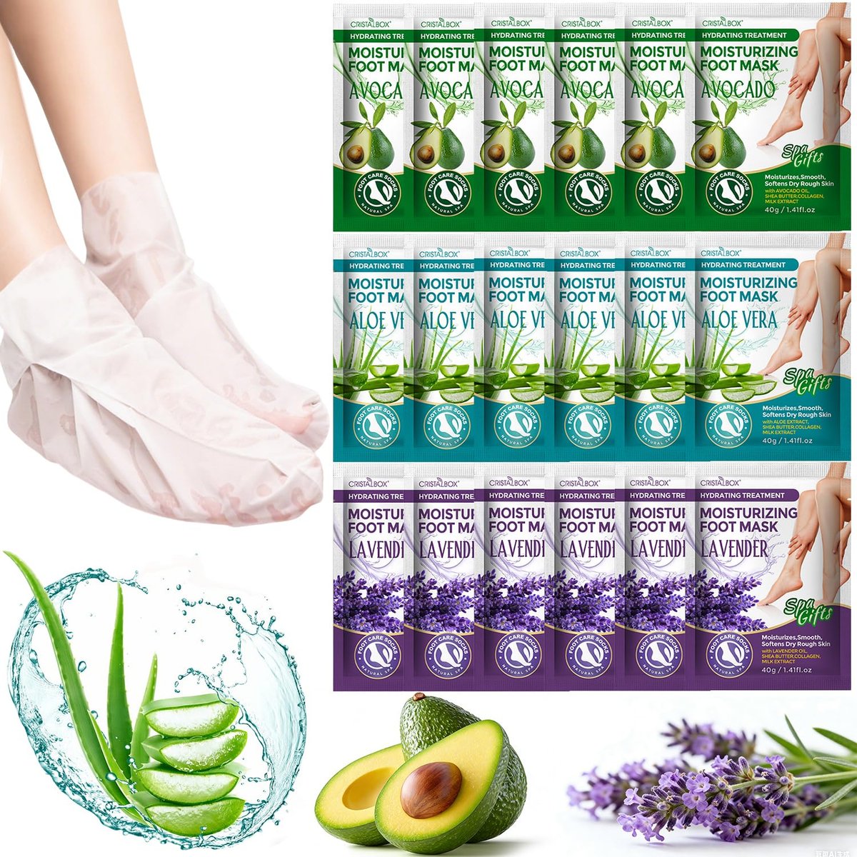18 Pack Moisturizing Foot Mask – Hydrating Foot Masks for Dry Cracked Feet | CRISTALBOX Avelisse