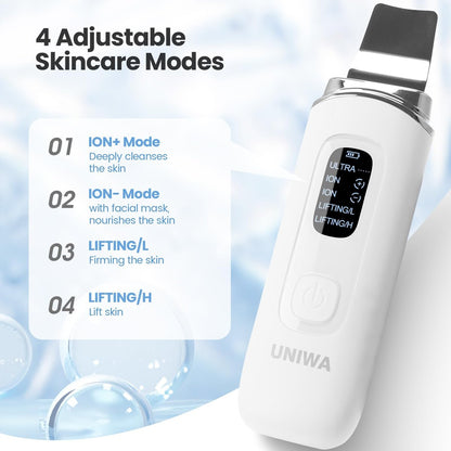 UNIWA Ultrasonic Skin Scrubber Face Spatula - Pore Cleaner & Blackhead Remover with 4 Modes, LCD Display, IPX6 Waterproof - White Avelisse