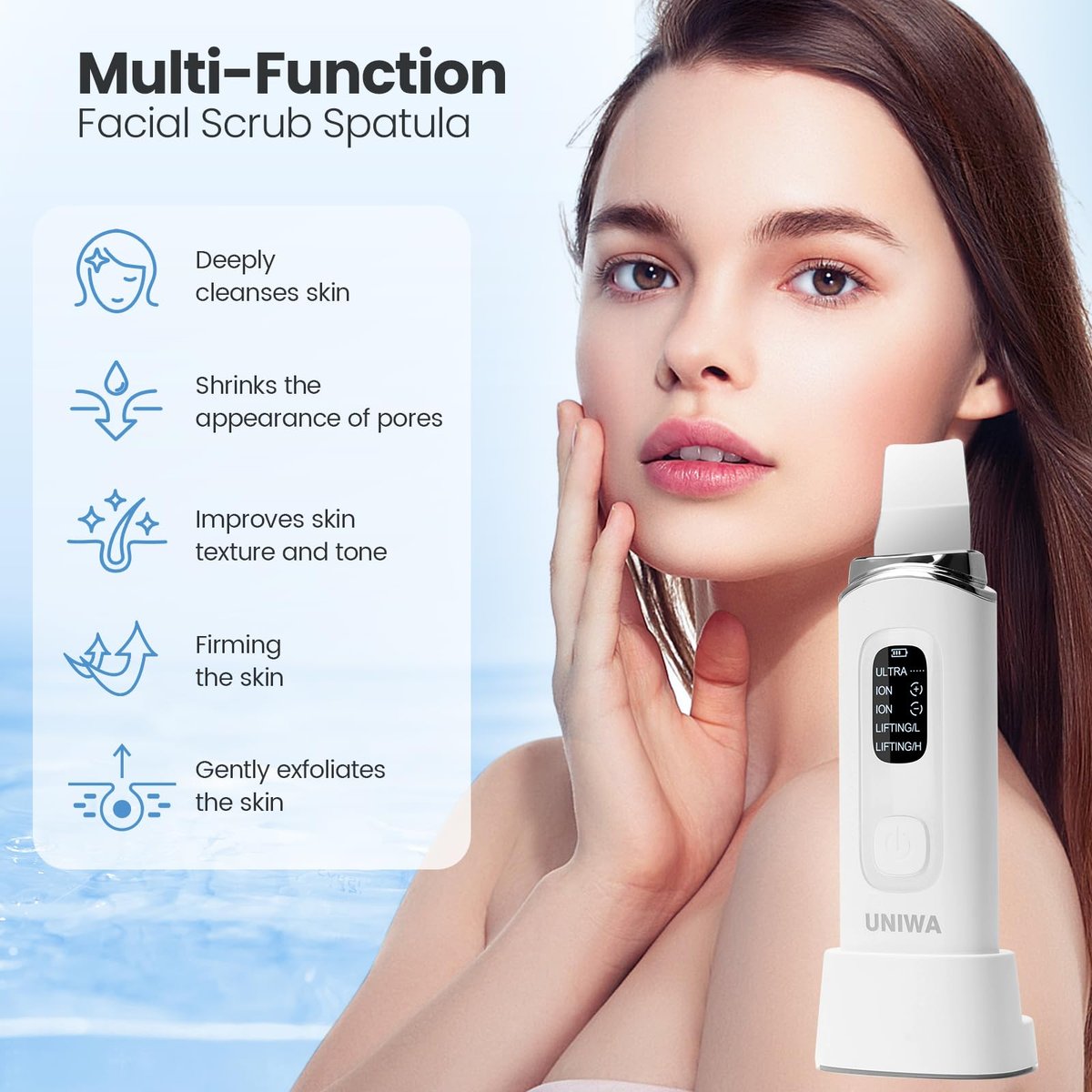 UNIWA Ultrasonic Skin Scrubber Face Spatula - Pore Cleaner & Blackhead Remover with 4 Modes, LCD Display, IPX6 Waterproof - White Avelisse