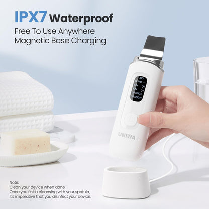 UNIWA Ultrasonic Skin Scrubber Face Spatula - Pore Cleaner & Blackhead Remover with 4 Modes, LCD Display, IPX6 Waterproof - White Avelisse