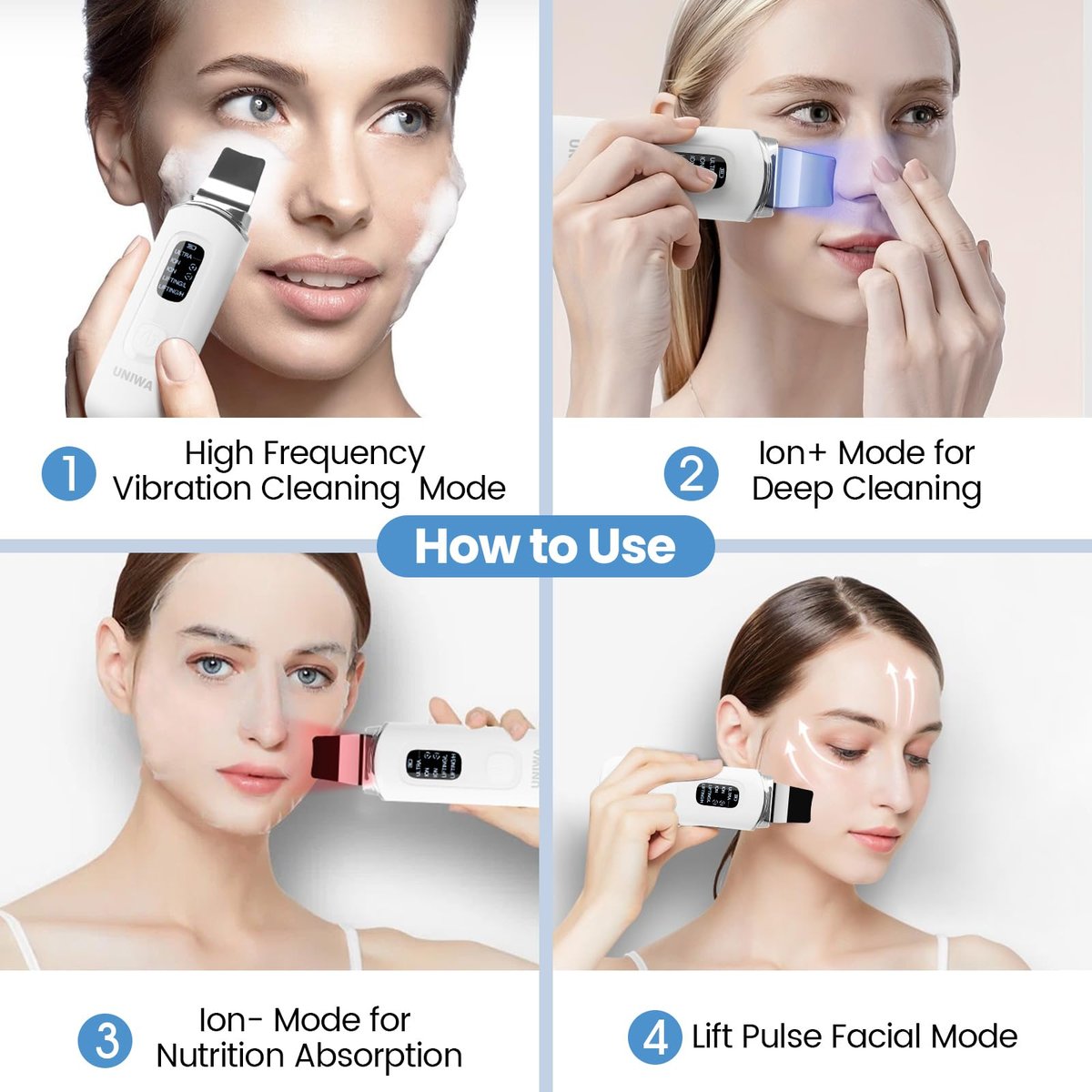 UNIWA Ultrasonic Skin Scrubber Face Spatula - Pore Cleaner & Blackhead Remover with 4 Modes, LCD Display, IPX6 Waterproof - White Avelisse