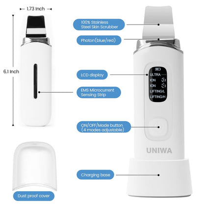 UNIWA Ultrasonic Skin Scrubber Face Spatula - Pore Cleaner & Blackhead Remover with 4 Modes, LCD Display, IPX6 Waterproof - White Avelisse