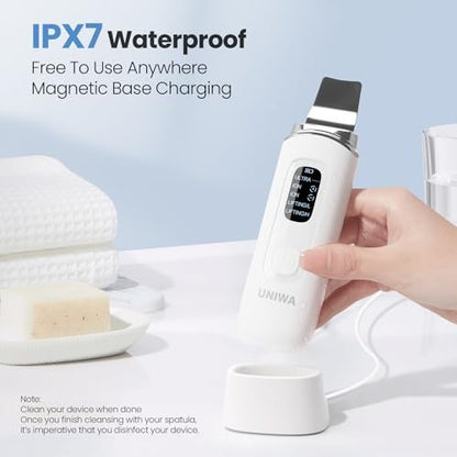 UNIWA Ultrasonic Skin Scrubber Face Spatula - Pore Cleaner & Blackhead Remover with 4 Modes, LCD Display, IPX6 Waterproof - White Avelisse