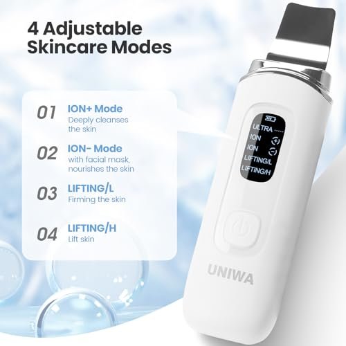 UNIWA Ultrasonic Skin Scrubber Face Spatula - Pore Cleaner & Blackhead Remover with 4 Modes, LCD Display, IPX6 Waterproof - White Avelisse