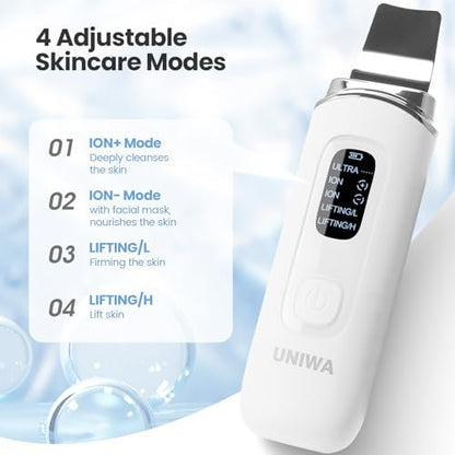 UNIWA Ultrasonic Skin Scrubber Face Spatula - Pore Cleaner & Blackhead Remover with 4 Modes, LCD Display, IPX6 Waterproof - White Avelisse