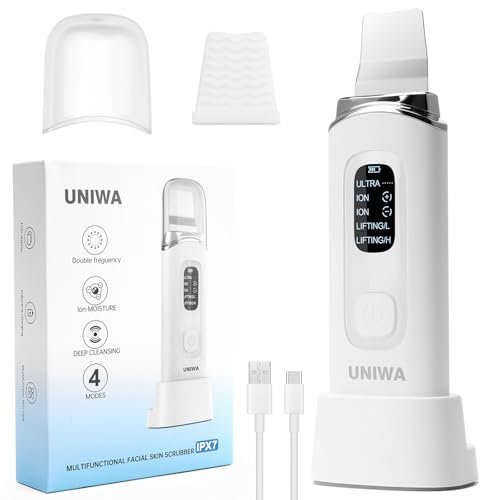 UNIWA Ultrasonic Skin Scrubber Face Spatula - Pore Cleaner & Blackhead Remover with 4 Modes, LCD Display, IPX6 Waterproof - White Avelisse