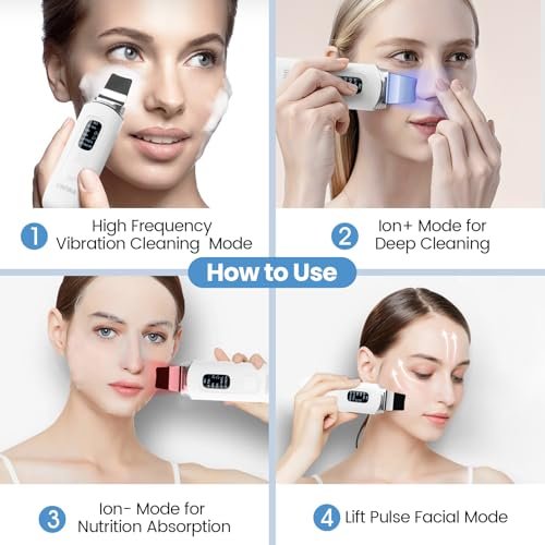 UNIWA Ultrasonic Skin Scrubber Face Spatula - Pore Cleaner & Blackhead Remover with 4 Modes, LCD Display, IPX6 Waterproof - White Avelisse