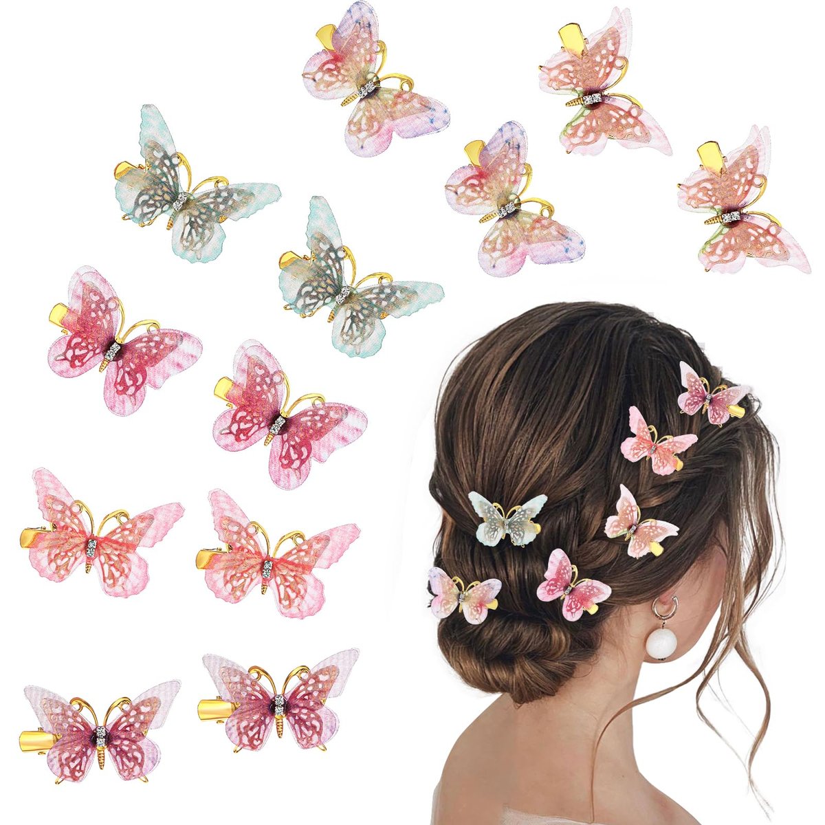Nogeqi 12-Piece Butterfly Hair Clips Set - Cute Kawaii Mini Butterfly Clips for Girls, Teens, and Women - Multi-Colored Metal Hair Accessories - görsel 1