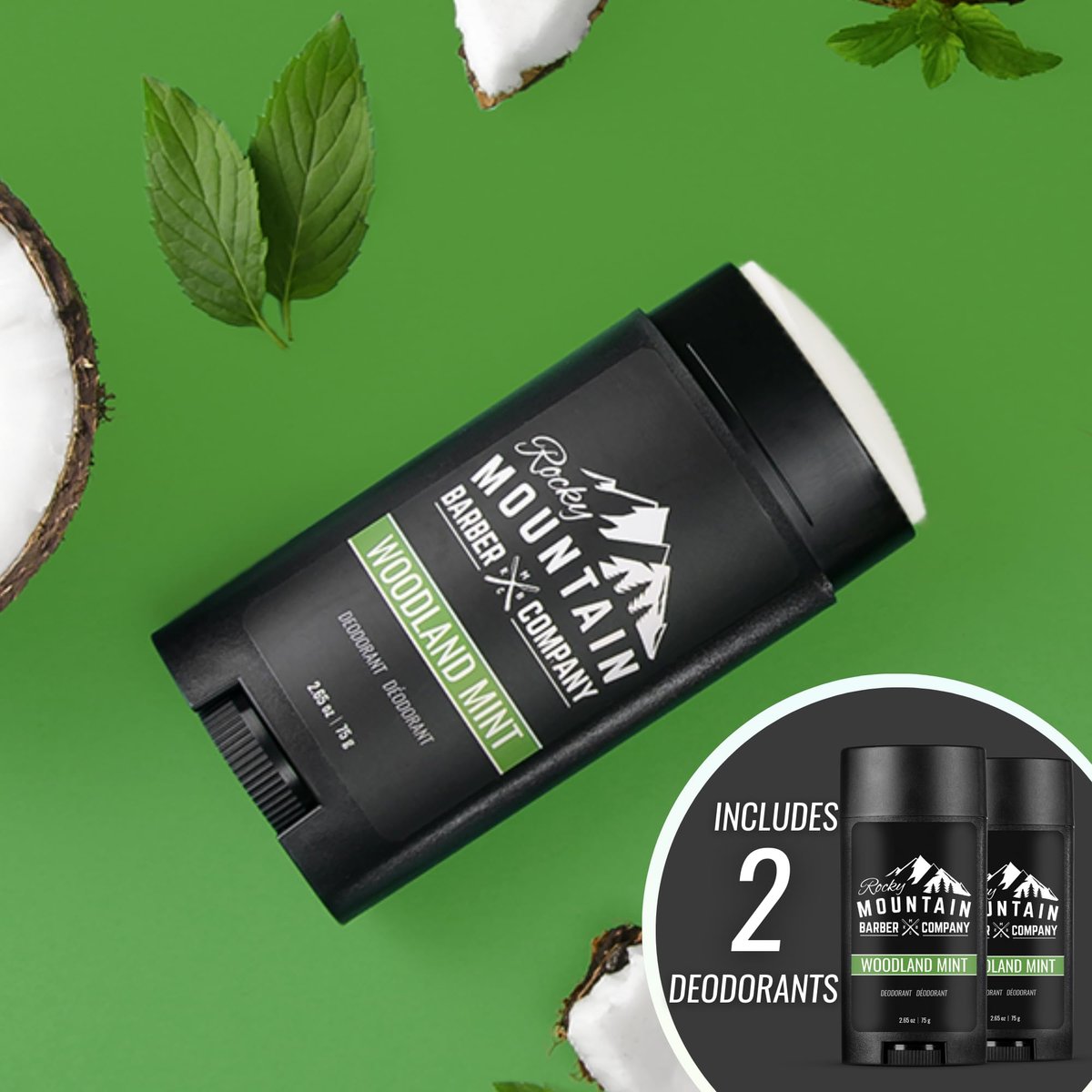 Natural Deodorant for Men – 2 Pack – Aluminum Free – Made in USA with Plant-Based Ingredients & Peppermint Essential Oil – Woodland Mint Scent – 2.65 oz Each by Rocky Mountain Barber Company Avelisse