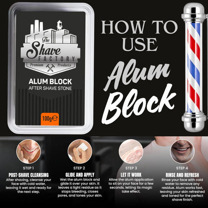 The Shave Factory Alum Block Aftershave Solution for Razor Burn Relief – 3.53 oz (100g) with Plastic Case