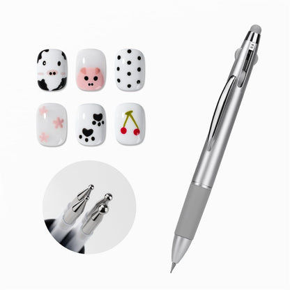 GAOY 4-in-1 Nail Dotting Pen – Manicure Art Tool with Ballpoint Design, Size Marking, and Pressing Head for Painting, Sculpting, Rhinestones DIY & Salon | Silver