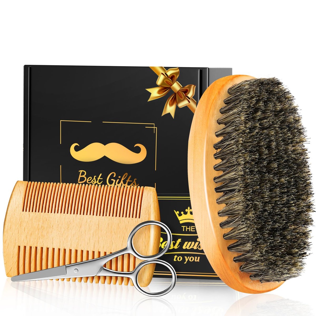 Beard Brush & Comb Set for Men - Natural Boar Bristle Brush & Pear Wood Comb for Grooming, Detangling & Shine - Dad Gifts - görsel 1