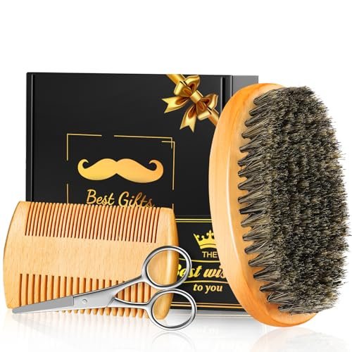 Beard Brush & Comb Set for Men - Natural Boar Bristle Brush & Pear Wood Comb for Grooming, Detangling & Shine - Dad Gifts - görsel 2