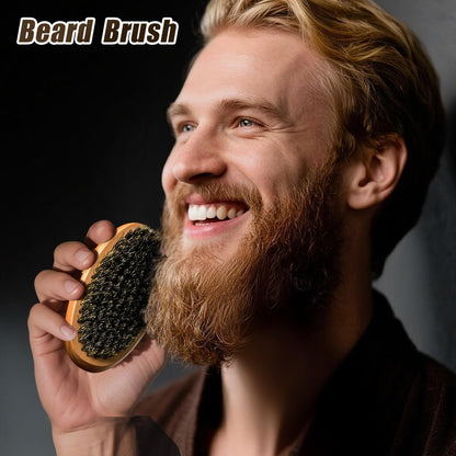 Beard Brush & Comb Set for Men - Natural Boar Bristle Brush & Pear Wood Comb for Grooming, Detangling & Shine - Dad Gifts