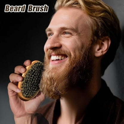 Beard Brush & Comb Set for Men - Natural Boar Bristle Brush & Pear Wood Comb for Grooming, Detangling & Shine - Dad Gifts