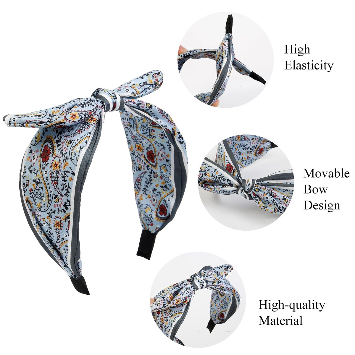 AIBFRID 3-Piece Boho Bow Headbands Set – Wide Knotted Non-Slip Floral Hairbands for Women and Girls (Black, Blue, Beige) - görsel 5