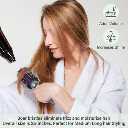 BRUSHZOO Round Brush for Blow Out - Boar Bristle Hairbrush for Women Adds Shine & Volume, Wooden Blow Drying Styling Brush (Purple)