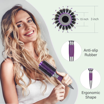 BRUSHZOO Round Brush for Blow Out - Boar Bristle Hairbrush for Women Adds Shine & Volume, Wooden Blow Drying Styling Brush (Purple)