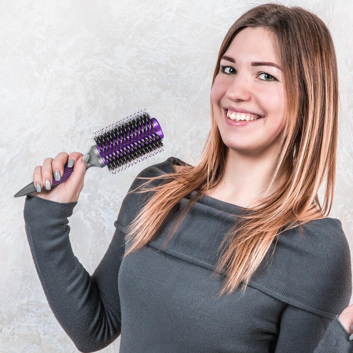 BRUSHZOO Round Brush for Blow Out - Boar Bristle Hairbrush for Women Adds Shine & Volume, Wooden Blow Drying Styling Brush (Purple) - görsel 13