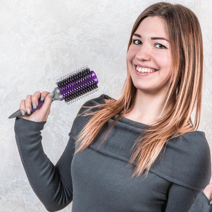 BRUSHZOO Round Brush for Blow Out - Boar Bristle Hairbrush for Women Adds Shine & Volume, Wooden Blow Drying Styling Brush (Purple)