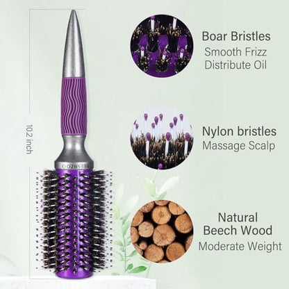 BRUSHZOO Round Brush for Blow Out - Boar Bristle Hairbrush for Women Adds Shine & Volume, Wooden Blow Drying Styling Brush (Purple)
