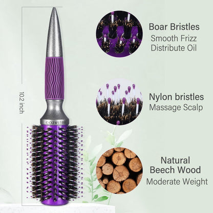BRUSHZOO Round Brush for Blow Out - Boar Bristle Hairbrush for Women Adds Shine & Volume, Wooden Blow Drying Styling Brush (Purple)