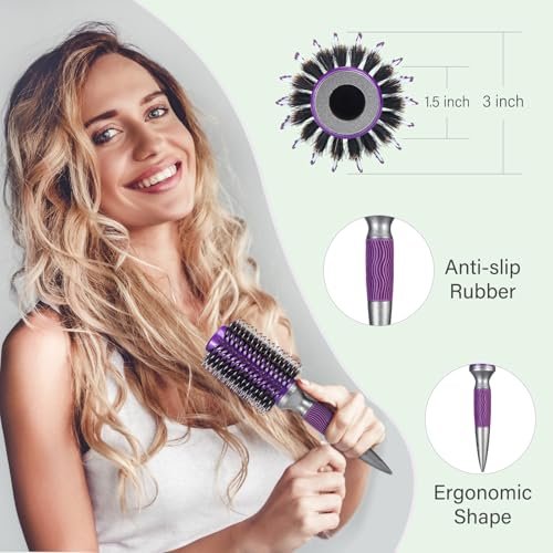 BRUSHZOO Round Brush for Blow Out - Boar Bristle Hairbrush for Women Adds Shine & Volume, Wooden Blow Drying Styling Brush (Purple) - görsel 6