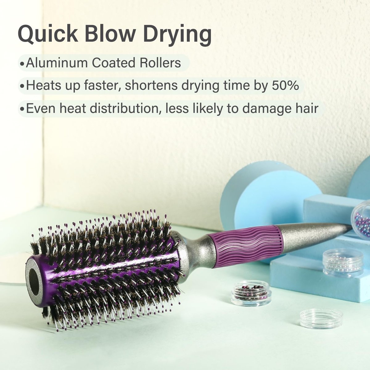 BRUSHZOO Round Brush for Blow Out - Boar Bristle Hairbrush for Women Adds Shine & Volume, Wooden Blow Drying Styling Brush (Purple) - görsel 7