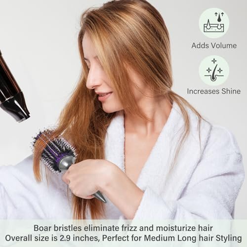 BRUSHZOO Round Brush for Blow Out - Boar Bristle Hairbrush for Women Adds Shine & Volume, Wooden Blow Drying Styling Brush (Purple) - görsel 10
