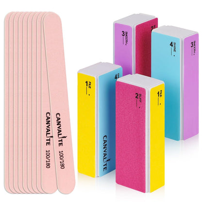 CANVALITE Nail Files and Buffers Set - 14pcs Manicure Kit for Natural Nail Care, Shapes, Smooths, and Shines with 100/180 Grit Emery Boards and Polishing Buffing Block