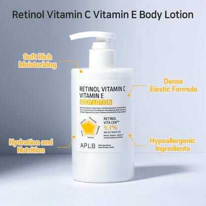 APLB Retinol Vitamin C Vitamin E Body Lotion - RETINOL VITA CEN™ 9.3% - Korean Skincare for Long-Lasting Hydration, Wrinkle Care, and Improved Skin Texture - 10.14 Fl Oz