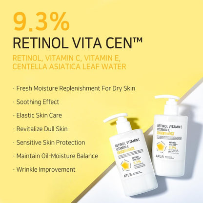 APLB Retinol Vitamin C Vitamin E Body Lotion - RETINOL VITA CEN™ 9.3% - Korean Skincare for Long-Lasting Hydration, Wrinkle Care, and Improved Skin Texture - 10.14 Fl Oz