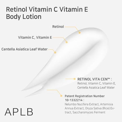 APLB Retinol Vitamin C Vitamin E Body Lotion - RETINOL VITA CEN™ 9.3% - Korean Skincare for Long-Lasting Hydration, Wrinkle Care, and Improved Skin Texture - 10.14 Fl Oz
