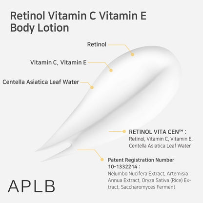 APLB Retinol Vitamin C Vitamin E Body Lotion - RETINOL VITA CEN™ 9.3% - Korean Skincare for Long-Lasting Hydration, Wrinkle Care, and Improved Skin Texture - 10.14 Fl Oz