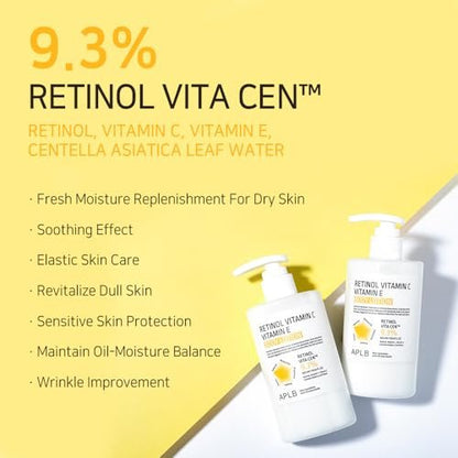 APLB Retinol Vitamin C Vitamin E Body Lotion - RETINOL VITA CEN™ 9.3% - Korean Skincare for Long-Lasting Hydration, Wrinkle Care, and Improved Skin Texture - 10.14 Fl Oz