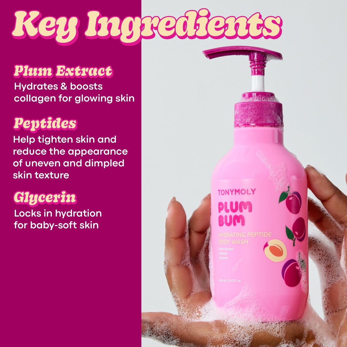 TONYMOLY Plum Bum Peptide Hydrating Body Wash – Moisturizing & Nourishing Cleanser with Plum Extract, Peptides & Glycerin – Gentle Korean Body Wash for Soft, Smooth, Radiant Skin, 13.5 fl oz Avelisse