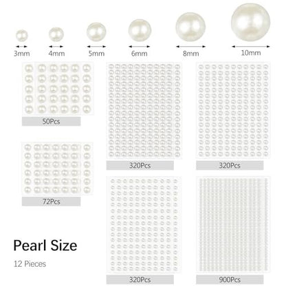 1982 Pcs Self-Adhesive Pearl Stickers - White Acrylic Pearl Gems for Crafts, Face, Hair, Makeup, Nail Art