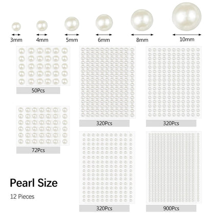 1982 Pcs Self-Adhesive Pearl Stickers - White Acrylic Pearl Gems for Crafts, Face, Hair, Makeup, Nail Art