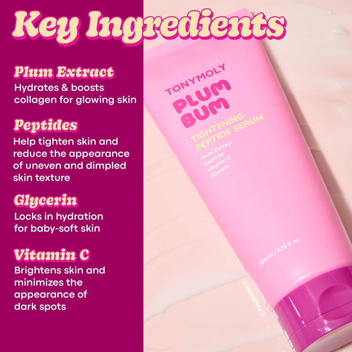 TONYMOLY Plum Bum Tightening Peptide Serum – Firming & Hydrating Body Serum with Plum Extract, Vitamin C & Glycerin, 6.76 fl oz - görsel 3