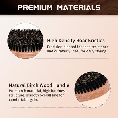 360 Curved Wave Brush for Men & Beard - Soft & Hard Palm Wave Hair Brushes, Wave Styler for Wolfing, Beech Wood & Boar Bristle Brush for Barbers & Daily Use (Coffee)
