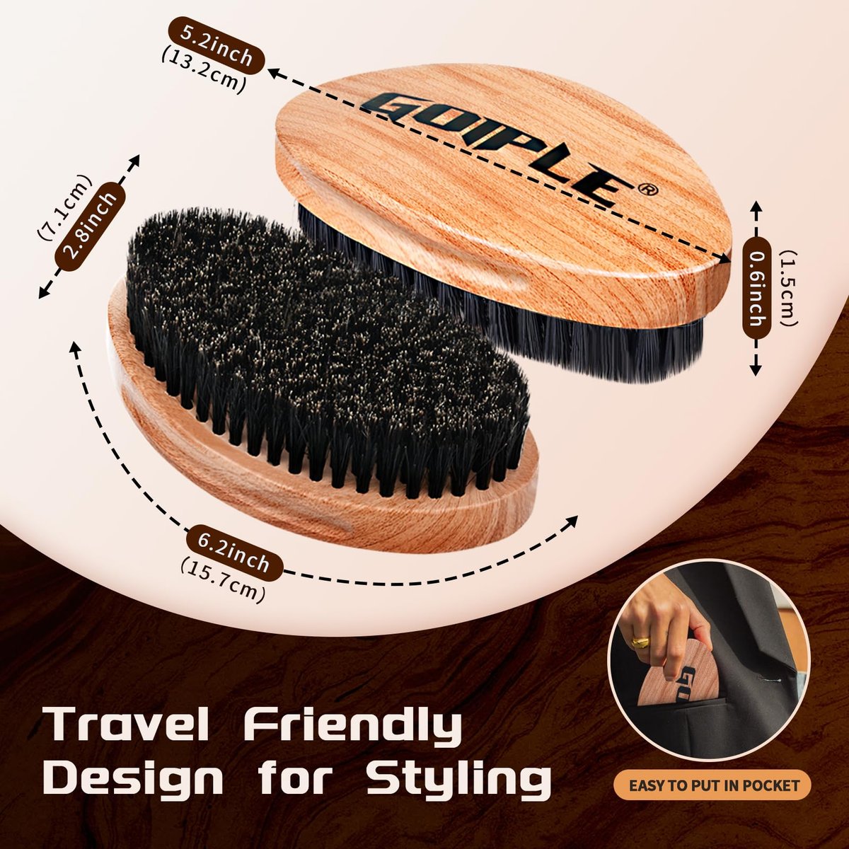 360 Curved Wave Brush for Men & Beard - Soft & Hard Palm Wave Hair Brushes, Wave Styler for Wolfing, Beech Wood & Boar Bristle Brush for Barbers & Daily Use (Coffee) - görsel 3