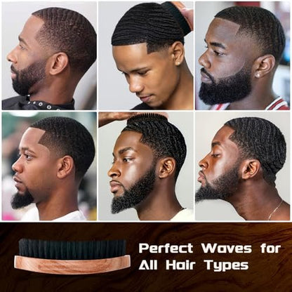 360 Curved Wave Brush for Men & Beard - Soft & Hard Palm Wave Hair Brushes, Wave Styler for Wolfing, Beech Wood & Boar Bristle Brush for Barbers & Daily Use (Coffee)