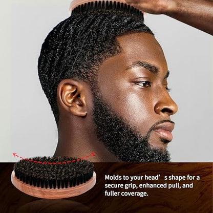 360 Curved Wave Brush for Men & Beard - Soft & Hard Palm Wave Hair Brushes, Wave Styler for Wolfing, Beech Wood & Boar Bristle Brush for Barbers & Daily Use (Coffee)