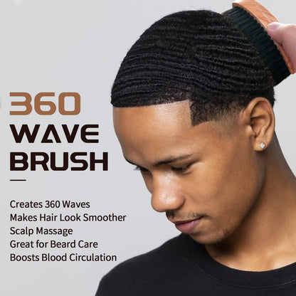 360 Curved Wave Brush for Men & Beard - Soft & Hard Palm Wave Hair Brushes, Wave Styler for Wolfing, Beech Wood & Boar Bristle Brush for Barbers & Daily Use (Coffee)